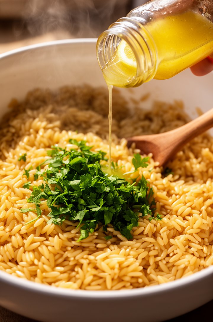 Close-up 45-degree angle shot of warm cooked orzo pasta in a large white mixing bowl being drizzled with golden lemon dressing from a small glass jar, chopped bright green parsley scattered on top, th