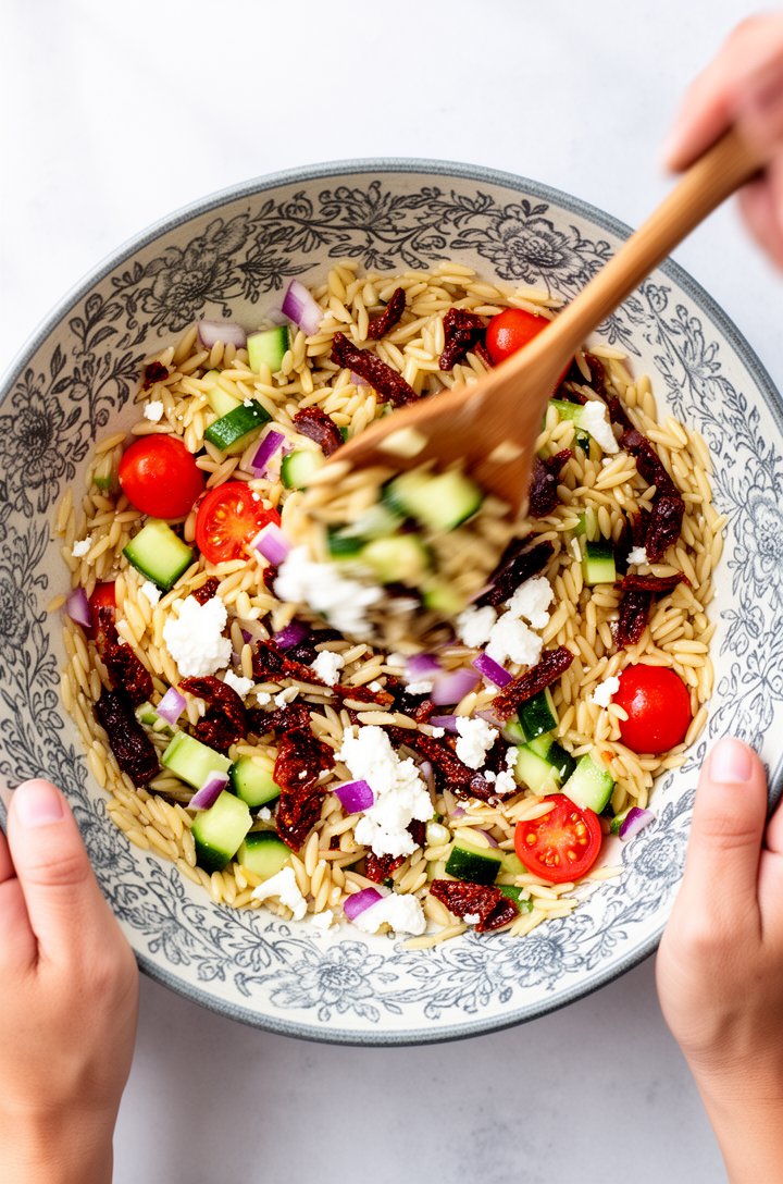 Overhead shot of hands using a large wooden spoon to toss orzo salad in a decorative ceramic bowl with a blue-grey floral pattern, showing the moment of mixing where cherry tomatoes, cucumber chunks, 
