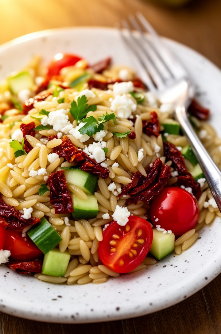 Extreme close-up macro shot of a single serving of orzo salad on a small white speckled ceramic plate, filling the frame at a 30-degree angle, showing individual orzo grains coated in dressing nestled