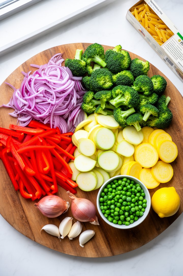 Overhead flat-lay food photography of colorful raw vegetables arranged on a large wooden cutting board — thinly sliced red onion, bright red bell pepper matchsticks, vibrant green broccoli florets, pa