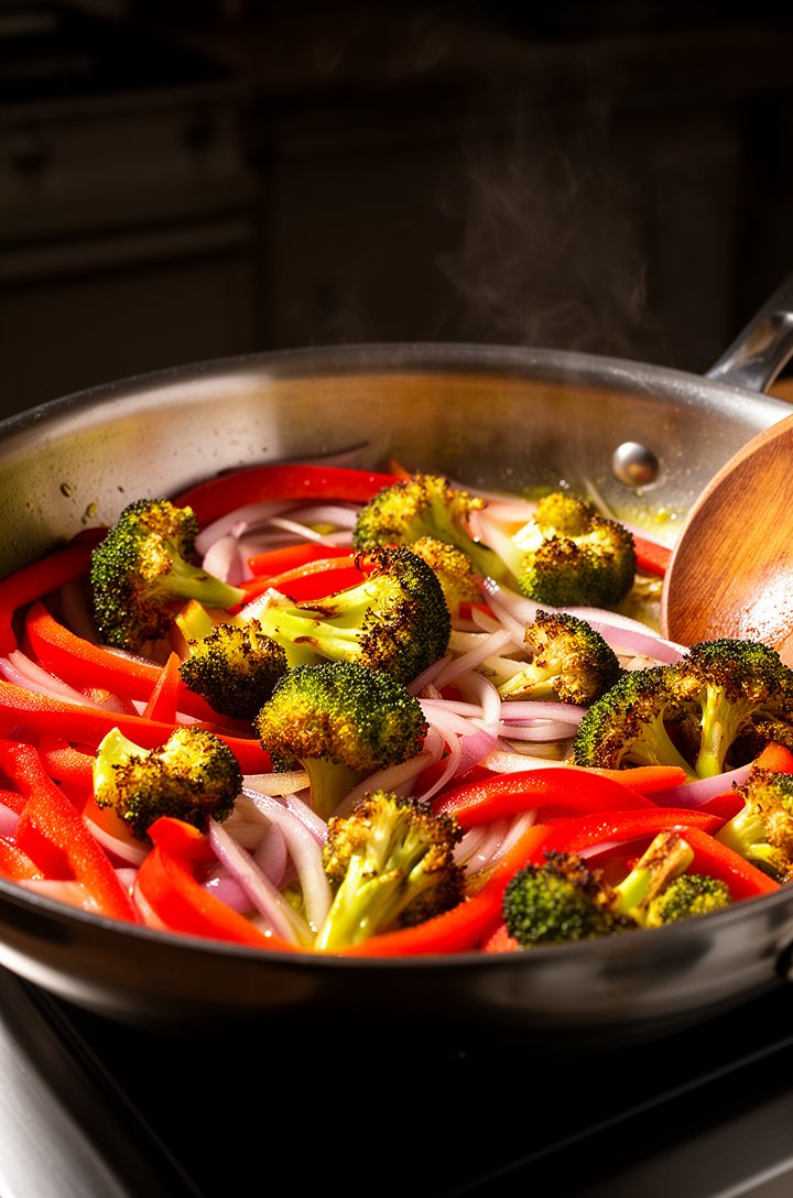 Close-up 45-degree angle shot of bright vegetables sautéing in a large stainless steel skillet — red bell pepper strips and broccoli florets with lightly charred golden edges, red onion slices turning
