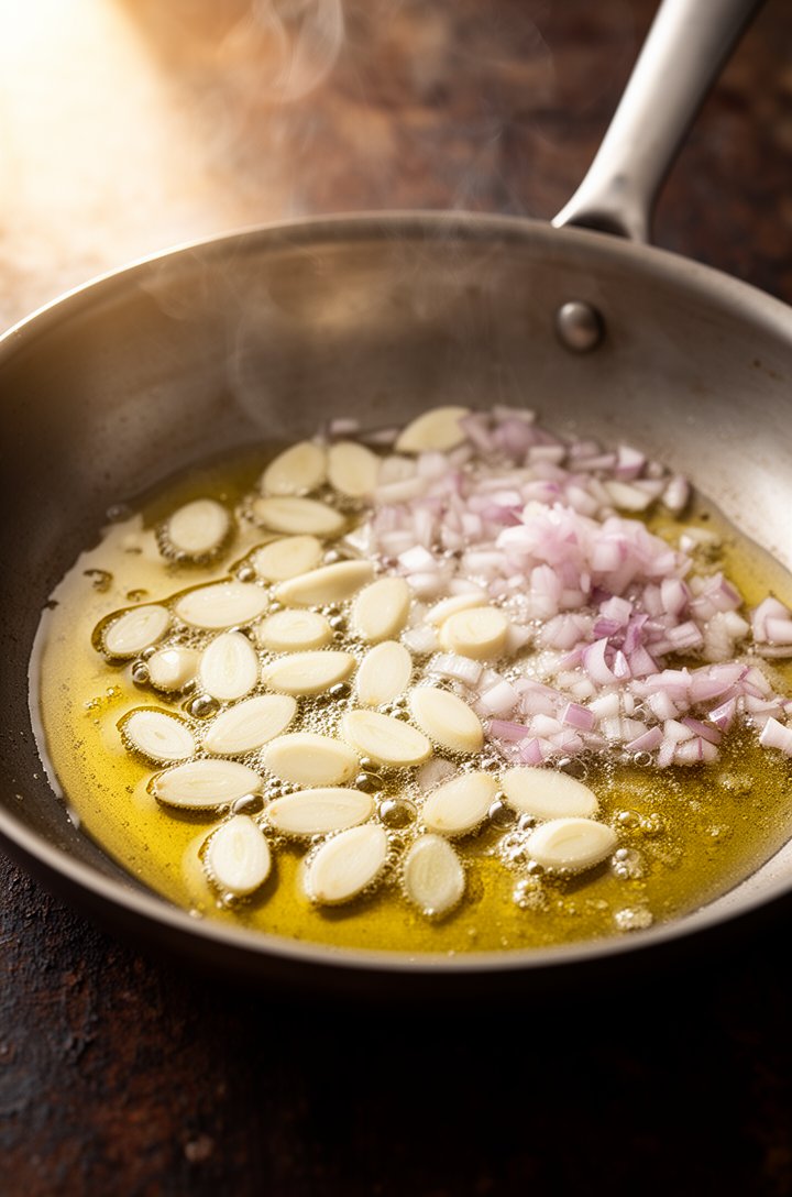 Overhead close-up of a large skillet with sliced garlic and minced shallot gently sizzling in melted butter, tiny bubbles forming around the garlic pieces, the butter turning golden amber. Warm natura