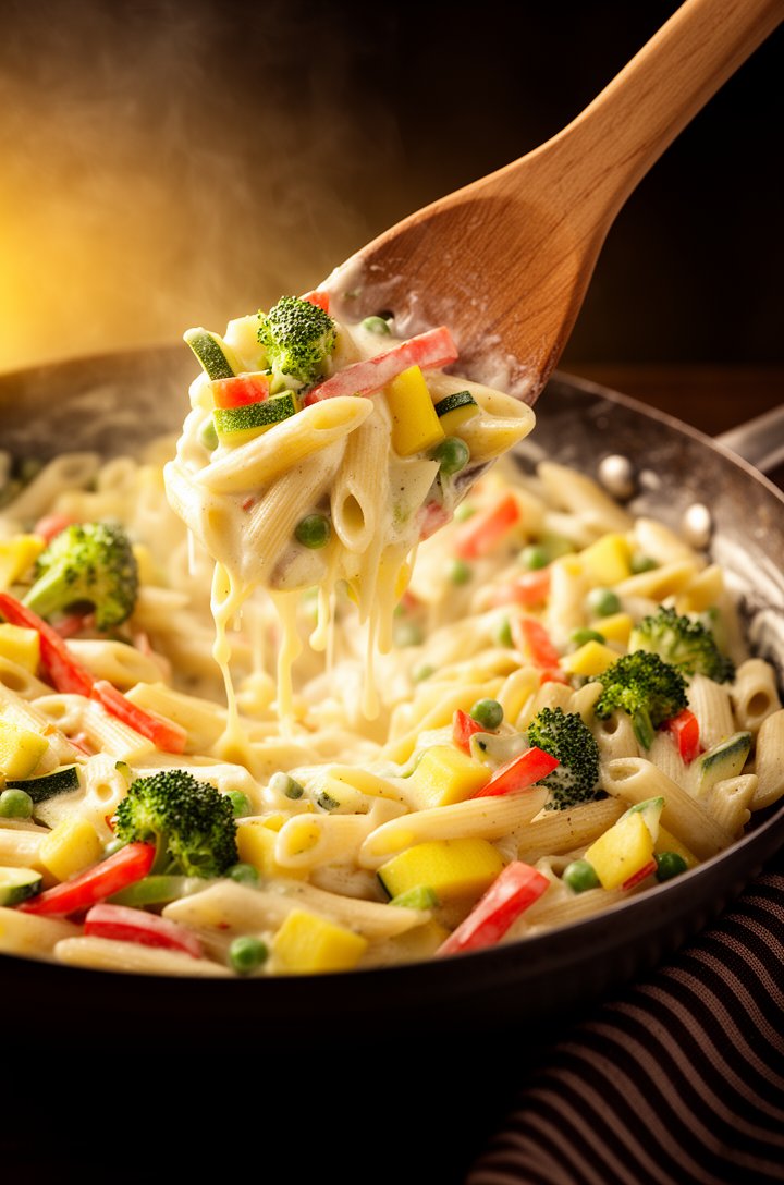 Side-angle dramatic shot of creamy pasta primavera being tossed in a large dark skillet with wooden tongs — penne pasta coated in light glossy Parmesan cream sauce with visible broccoli florets, red p