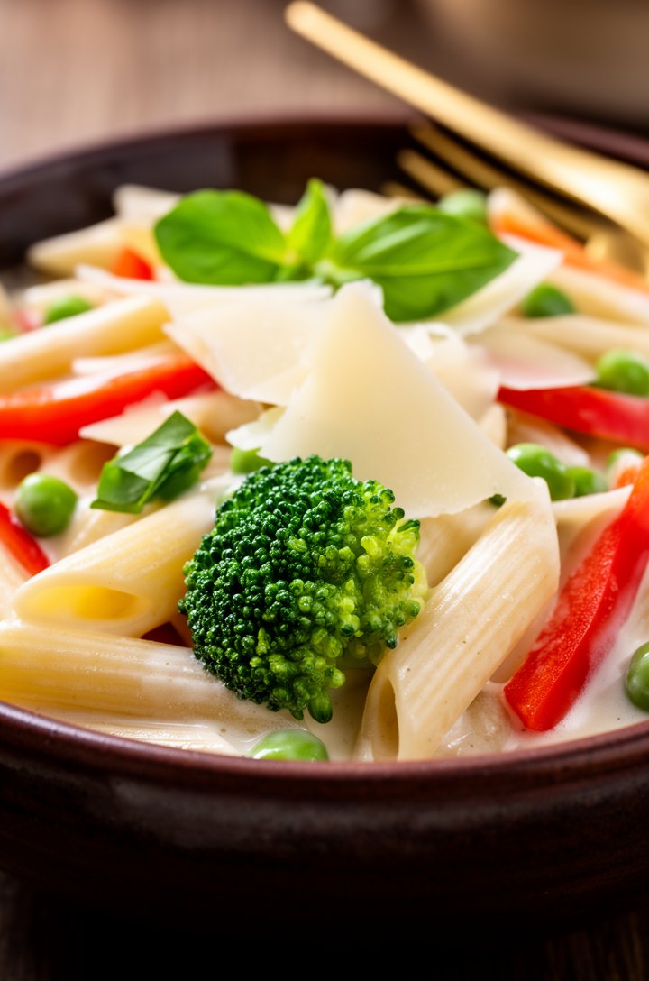 Extreme close-up 15-degree angle of a single serving of pasta primavera in a rustic dark brown ceramic bowl — penne pasta glistening with light cream sauce, a bright green broccoli floret in sharp foc
