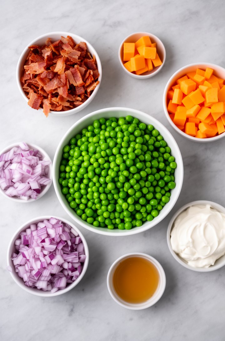 Overhead flat-lay of pea salad ingredients arranged on a light gray marble surface, a bowl of bright green thawed peas in the center, surrounded by small bowls of diced crispy bacon, cubed orange shar