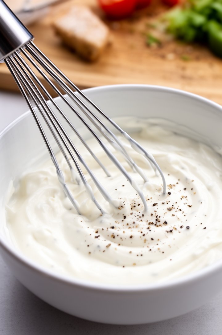 Close-up 45-degree angle shot of a whisk in a white ceramic bowl mixing together creamy white sour cream and mayonnaise dressing with visible specks of black pepper, smooth glossy texture, bright natu