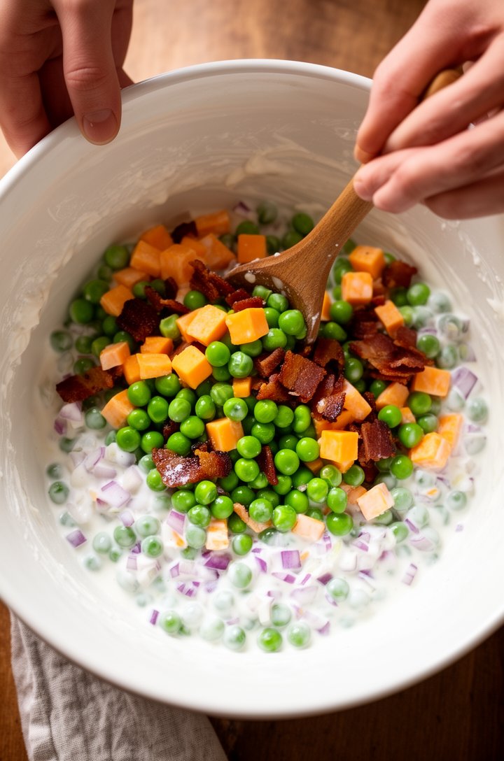 Overhead shot of hands gently folding bright green peas, orange cheddar cubes, crispy brown bacon pieces, and purple-red onion into creamy white dressing in a large white ceramic mixing bowl using a w