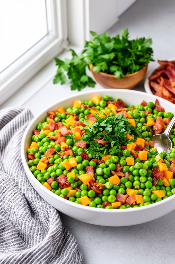 Three-quarter angle shot of finished pea salad served in a large white bowl on a light gray surface, vibrant green peas studded with golden-brown bacon bits and orange cheddar cubes visible throughout