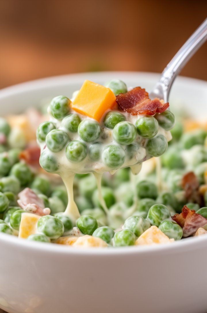 Extreme close-up macro shot of a single spoonful of finished pea salad being lifted from a white bowl, showing individual bright green peas coated in creamy dressing clinging to a silver spoon, a cube of orange cheddar and a piece of crispy bacon visible, dressing stretching slightly, shallow depth of field with the bowl blurred below, warm natural side lighting