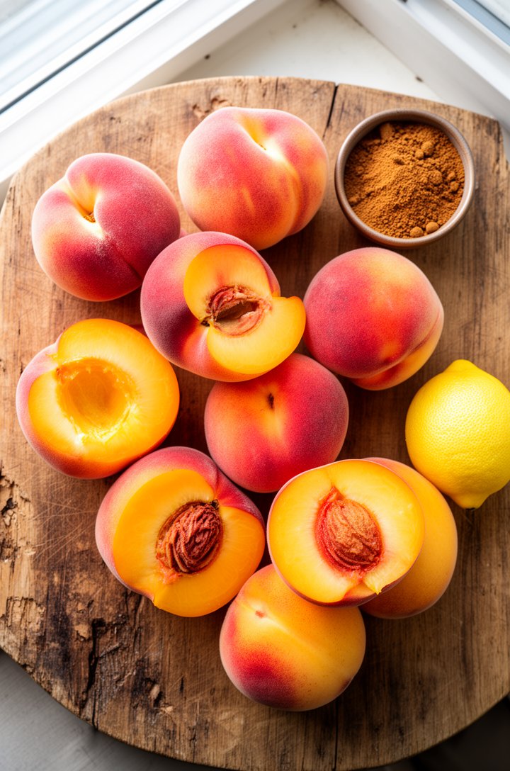 Overhead flat-lay of fresh ripe peaches with red and golden blush scattered on a rustic wooden cutting board, a few peaches halved showing juicy golden-orange flesh with pits visible, a small bowl of 