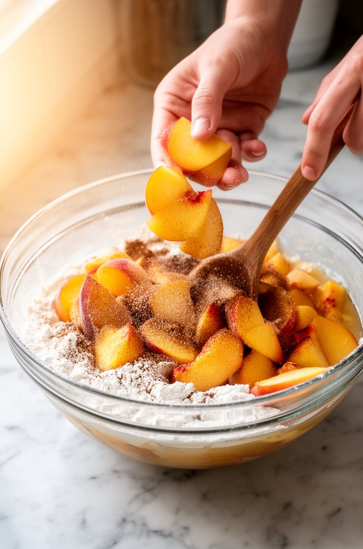 Close-up 45-degree angle shot of hands tossing thick-cut fresh peach chunks in a large glass mixing bowl with granulated sugar, flour, and ground cinnamon visible coating the peach slices, the mixture