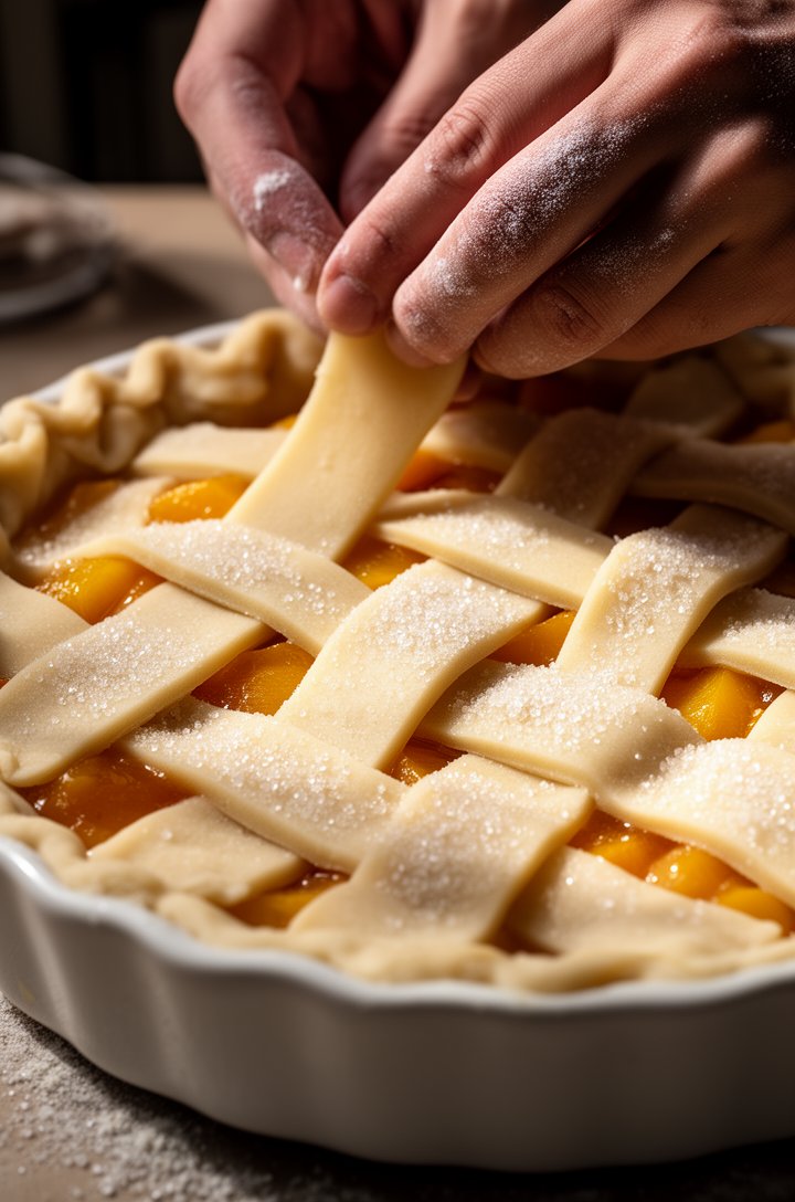 Dramatic close-up side angle of raw lattice pie crust being woven over golden peach filling in a white ceramic pie dish, flour-dusted hands visible placing a strip of dough, the woven pattern half-com