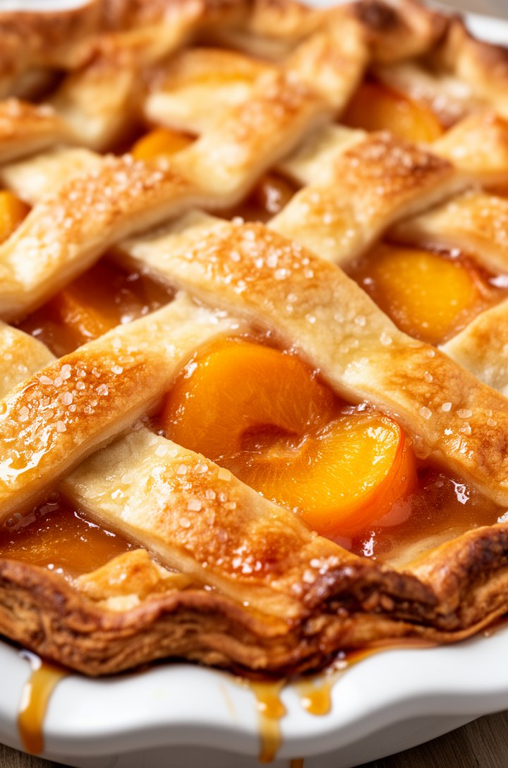 Extreme close-up macro shot of a freshly baked peach pie in a white ceramic dish, deep golden-brown lattice crust glistening with egg wash and coarse turbinado sugar crystals catching the light, thick