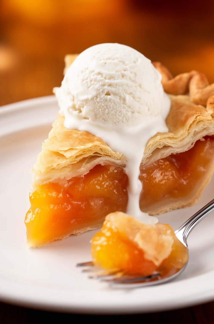 Close-up 45-degree angle of a single generous slice of peach pie on a white ceramic plate, the cross-section showing layers of flaky golden crust on top and bottom with thick glossy peach filling in b