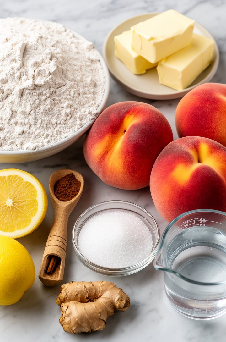 Overhead shot of all peach pie ingredients laid out on a marble countertop — a mound of all-purpose flour, cold cubed butter on a small plate, whole fresh peaches with red-gold skin, a small glass bowl of granulated sugar, ground cinnamon in a wooden spice spoon, a fresh lemon cut in half, a knob of fresh ginger, and a glass measuring cup of ice water, bright even natural lighting from above, organized mise en place arrangement, clean and minimal styling