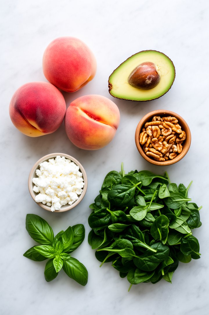 Overhead flat-lay of peach salad ingredients arranged in separate groups on a light marble surface: three whole ripe peaches with blush-red skin, a halved avocado showing the pit, a small bowl of whit