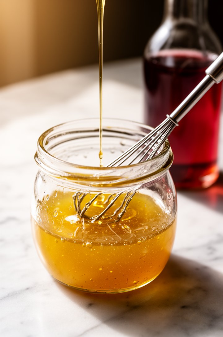 Close-up 45-degree angle shot of a small glass jar with golden honey vinaigrette being whisked with a tiny whisk, droplets of olive oil visible on the surface, a stream of amber honey drizzling in fro