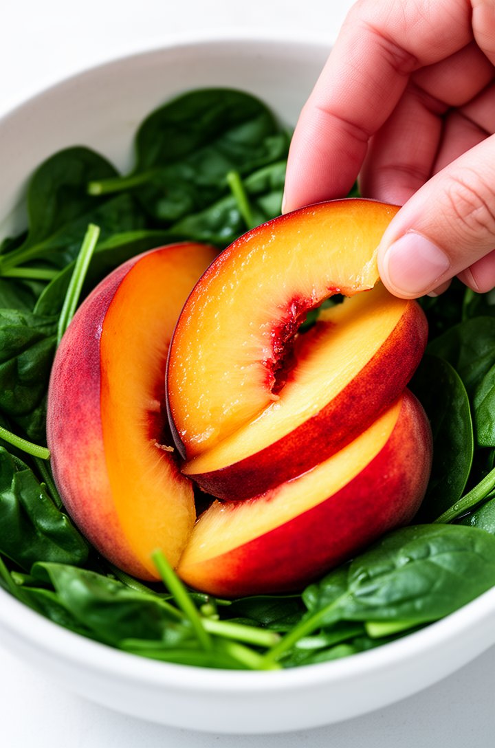 Extreme close-up overhead macro shot of ripe peach slices being arranged on a bed of dark green baby spinach in a white ceramic bowl, showing the gradient from golden-orange flesh to deep red skin on 