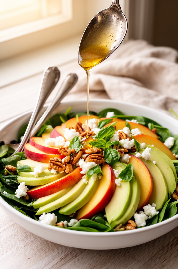 Side-angle close-up of the finished peach salad in a white ceramic bowl on a light wood table, golden vinaigrette being drizzled from a spoon over the top, catching the light. Visible layers: dark spi