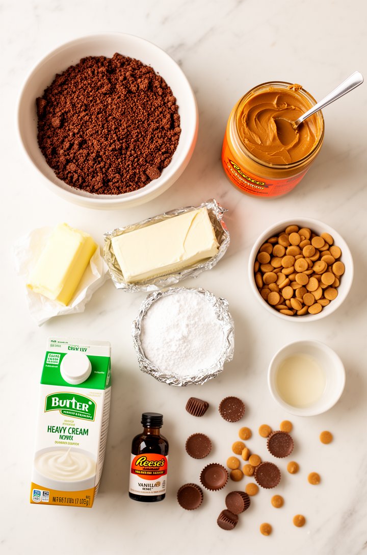 Overhead flat-lay of all peanut butter pie ingredients arranged on a white marble countertop — a bowl of chocolate graham cracker crumbs, a stick of butter partially unwrapped, a block of cream cheese