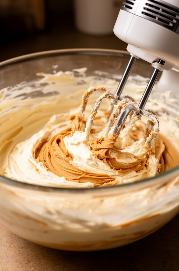 Close-up side-angle shot of an electric mixer beating cream cheese and peanut butter together in a large glass mixing bowl, the mixture light and fluffy with visible swirls of tan peanut butter and wh