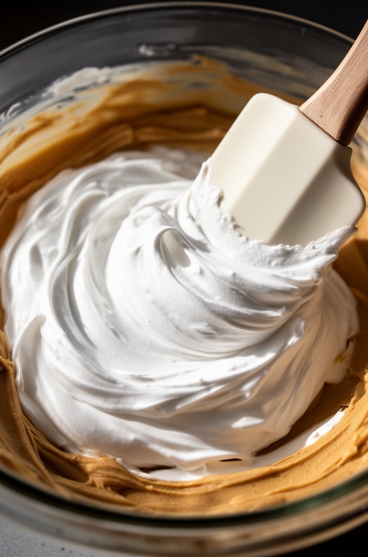 Dramatic close-up of fluffy white whipped cream being gently folded into the tan peanut butter cream cheese mixture with a large rubber spatula in a glass bowl, showing the marbled contrast of white a
