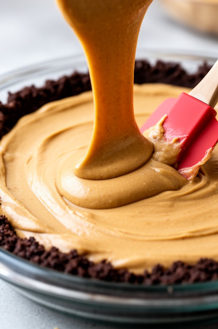 Side-angle extreme close-up of the finished peanut butter pie filling being poured and smoothed into the dark chocolate graham cracker crust in a glass pie dish, a rubber spatula spreading the creamy 