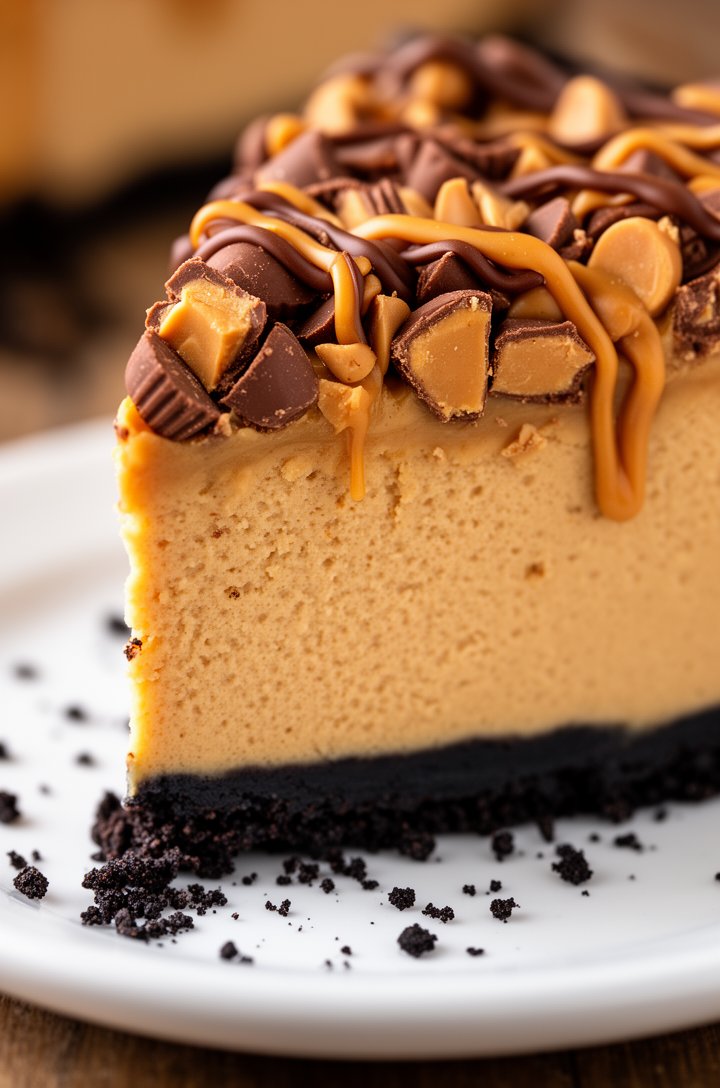 Extreme close-up macro shot of a single tall slice of peanut butter pie on a small white plate, the cross-section showing the dark chocolate graham cracker crust at the bottom, thick creamy peanut but
