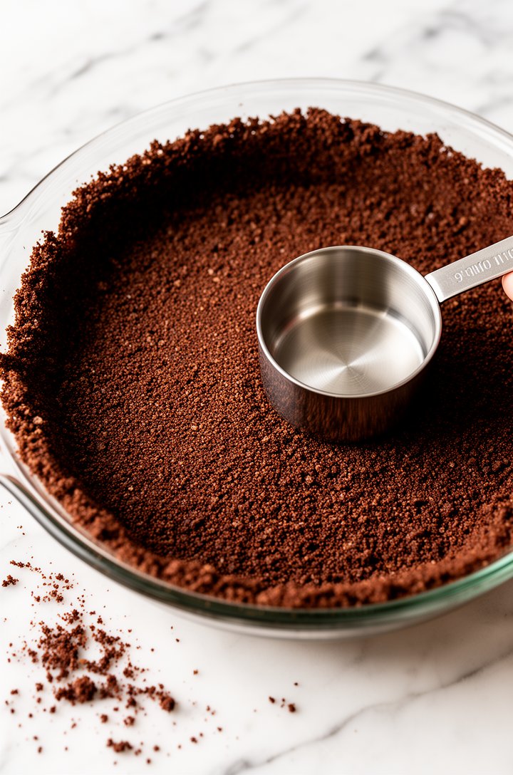 Overhead shot of chocolate graham cracker crumbs being pressed firmly into a 9-inch glass pie pan using the flat bottom of a metal measuring cup, the dark brown crumbs forming an even layer across the bottom and partially up the sides, a few loose crumbs scattered on the white marble countertop around the pan, bright natural overhead lighting, clean and precise food preparation scene