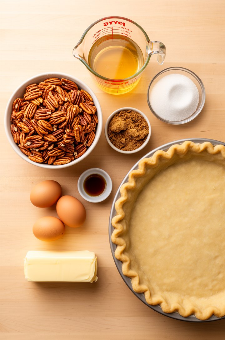Overhead flat-lay of pecan pie ingredients arranged on a light wooden surface — a bowl of golden pecan halves, a glass measuring cup of light corn syrup, a small bowl of granulated sugar, brown sugar 
