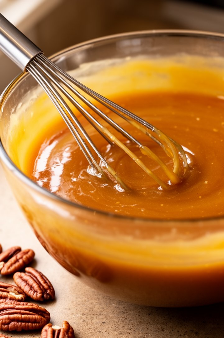 Close-up 45-degree angle of a glossy amber pecan pie filling being whisked in a large glass mixing bowl, showing the smooth custard-like consistency with corn syrup creating a shiny, pourable texture.
