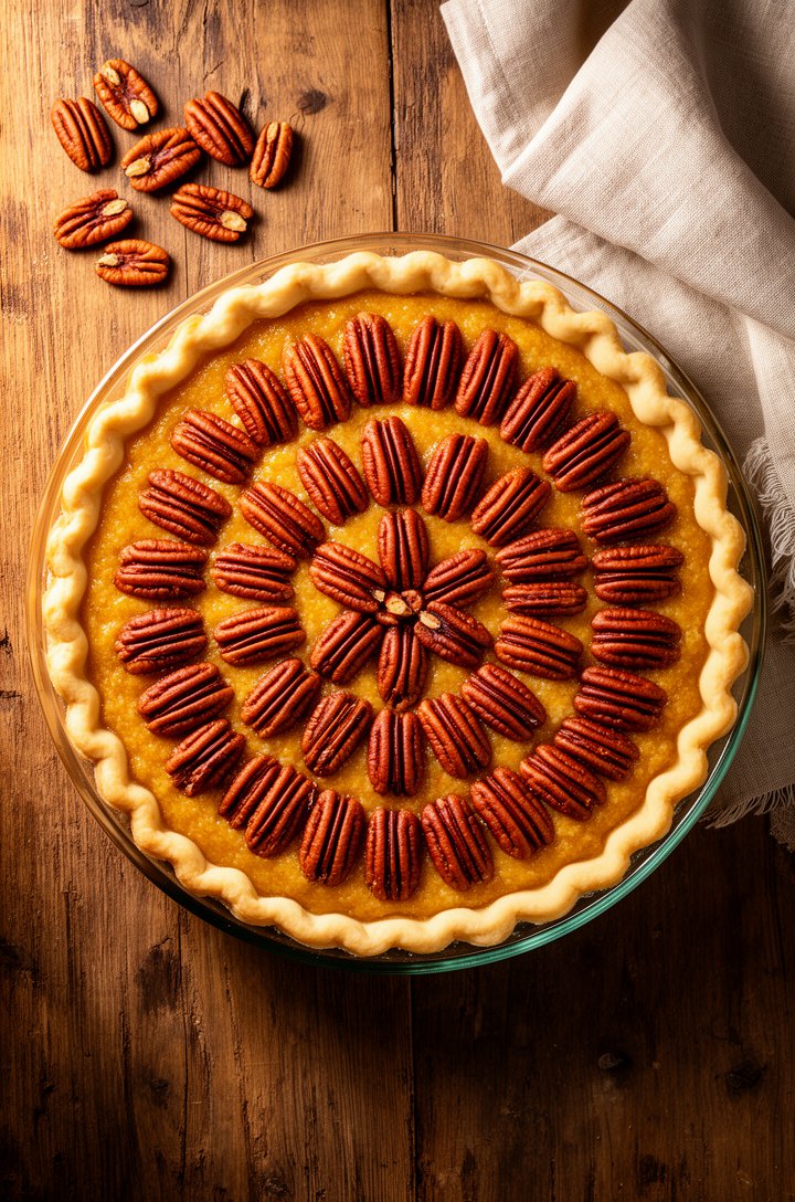 Overhead shot of an unbaked pecan pie in a glass deep dish pie plate, pecan halves carefully arranged in concentric circles on top of the golden filling, the crimped pie crust edges visible around the