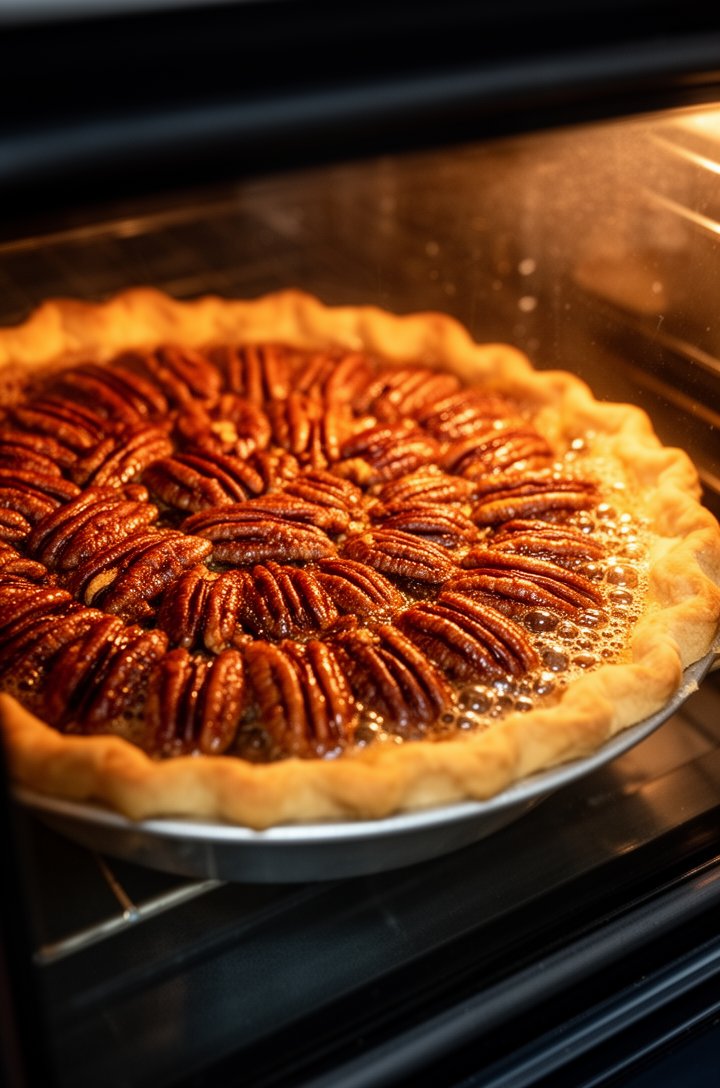 Close-up side-angle shot of a pecan pie baking in the oven, the top layer of pecans turning golden brown and caramelized, the filling bubbling gently at the edges, the pie crust edges lightly golden. 
