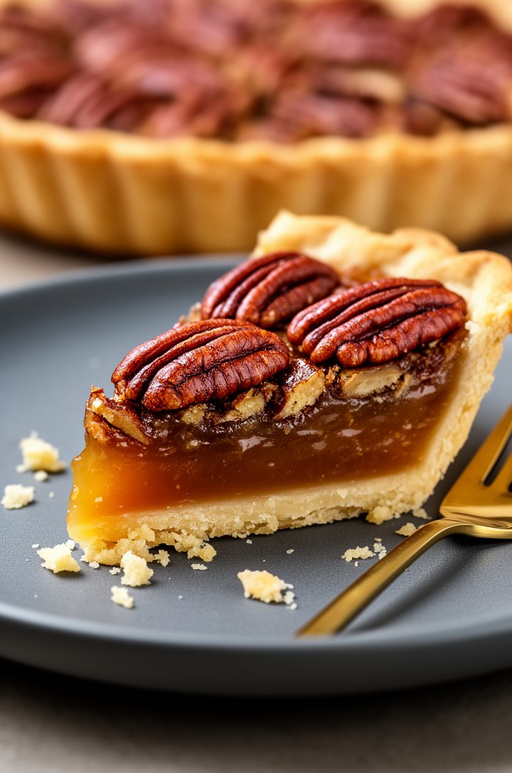 Extreme close-up macro shot of a single slice of pecan pie on a dark gray matte ceramic plate, showing the distinct cross-section layers — flaky golden crust crumbling at the base, thick glossy amber 