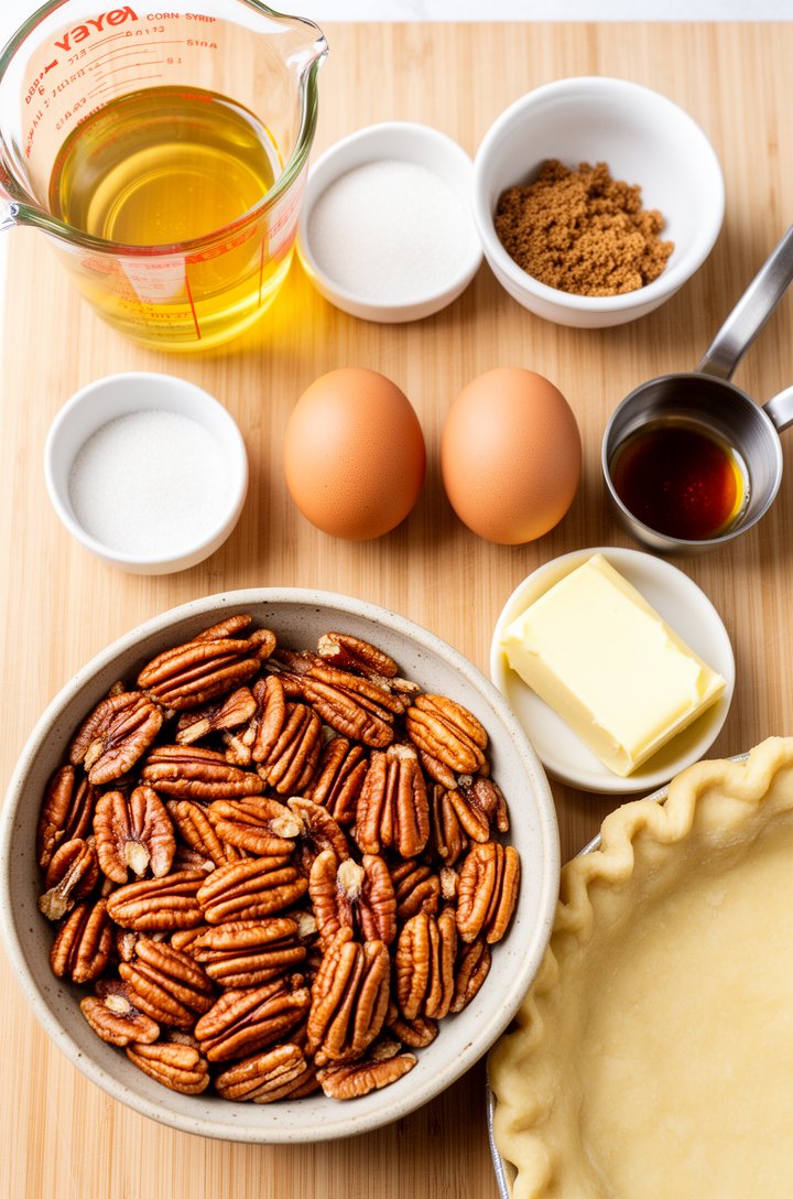 Overhead flat-lay of all pecan pie ingredients neatly arranged on a light wood cutting board — glass measuring cup of pale golden corn syrup, small white bowls of granulated sugar and brown sugar, three brown eggs in a row, a stick of melted butter in a small saucepan, vanilla extract in a tiny dish, a mound of golden pecan halves in a ceramic bowl, and a round of unbaked pie dough. Bright natural window lighting, clean and minimal styling