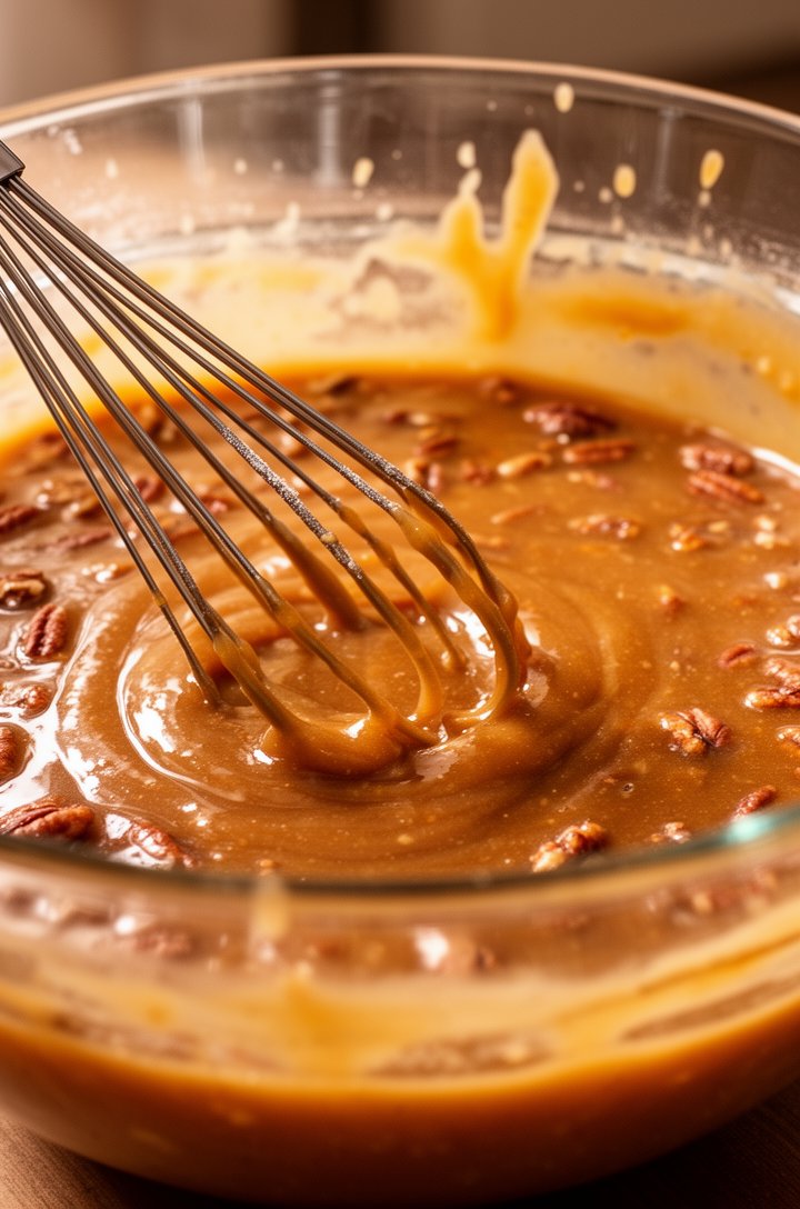 Close-up 45-degree angle of the pecan pie filling being whisked together in a large glass mixing bowl, the mixture glossy and smooth with a pourable amber consistency. A whisk rests in the bowl with filling dripping from the wires. A few splashes on the rim of the bowl. Warm kitchen lighting, shallow depth of field