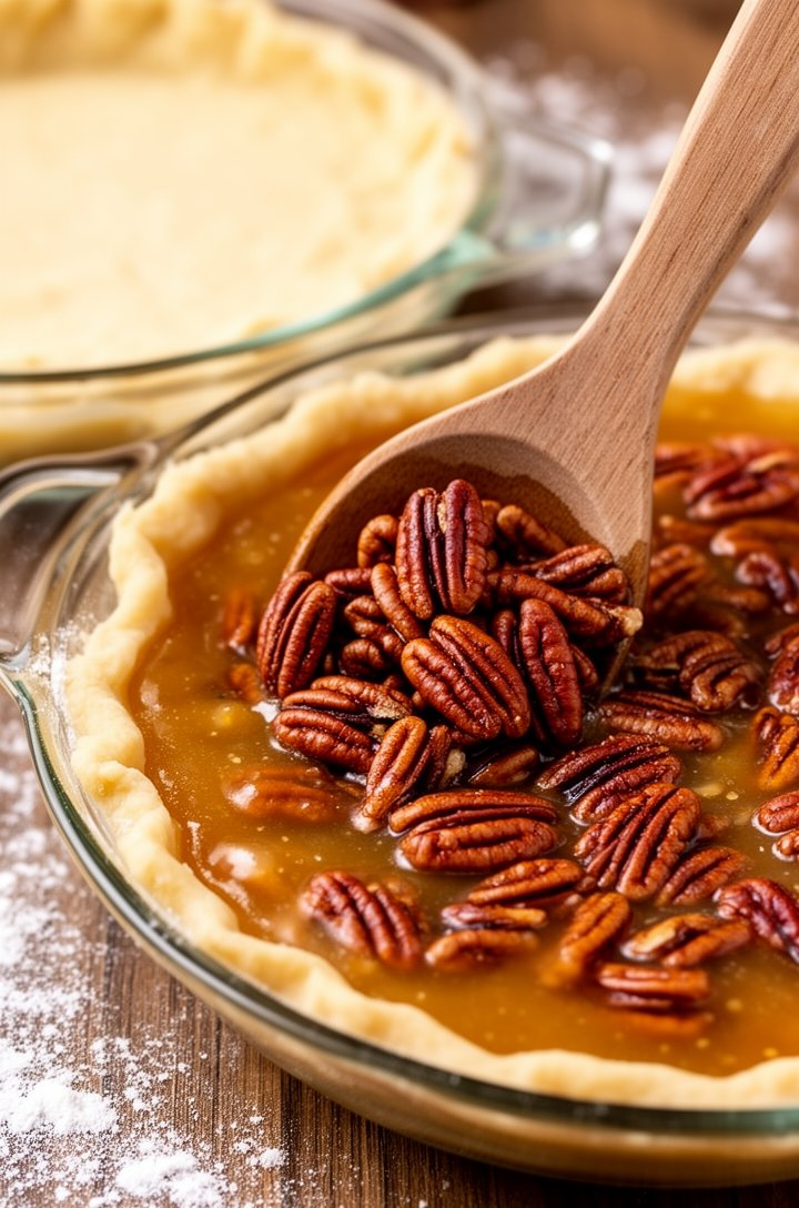 Side-angle shot of pecan halves being stirred into the glossy filling with a wooden spoon, showing the pecans half-submerged in the amber custard. The bowl sits on a flour-dusted wooden surface next to the empty pie crust waiting in a glass dish