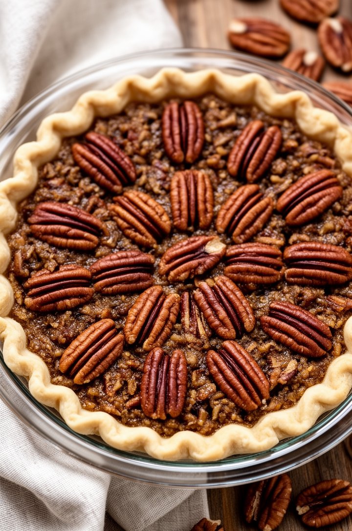 Overhead shot of the assembled unbaked pecan pie in a deep glass pie dish, the filling poured in and extra pecan halves arranged decoratively on top in a natural scattered pattern. The fluted crimped crust edges are visible. A linen towel and scattered loose pecans on the wooden surface around the dish