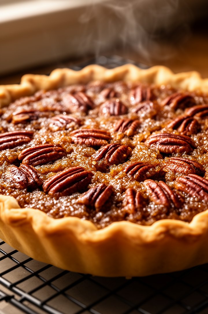 Close-up of the finished baked pecan pie cooling on a wire rack, the top deeply caramelized and glossy with toasted pecans protruding from the crackled golden-brown surface. The crimped crust edges are golden and flaky. Steam barely visible rising from the surface. Warm amber tones, side lighting from a nearby window