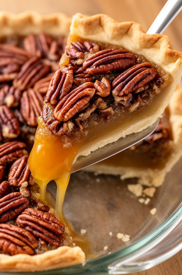 Angled overhead shot of a slice of pecan pie being lifted from the whole pie with a silver pie server, the gooey amber filling stretching slightly as the slice separates. The cross-section shows the three layers clearly — crust, custard, pecans. The remaining pie in the glass dish is visible in the background. Warm, inviting natural lighting