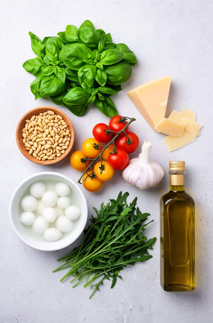 Overhead flat-lay of pesto pasta salad ingredients arranged on a light gray concrete surface — a mound of bright green fresh basil leaves, a small wooden bowl of golden toasted pine nuts, a wedge of p
