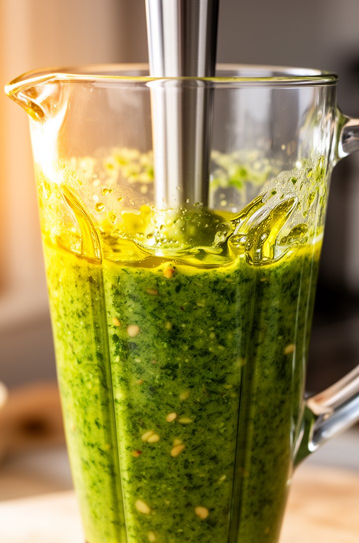 Close-up 45-degree angle shot of a tall glass jug with bright vivid green pesto being blended with an immersion blender, visible flecks of basil and pine nut throughout the thick sauce, golden olive o