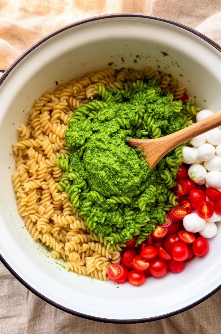 Overhead close-up of cooled fusilli pasta in a large white enamel bowl with dark rim, bright green pesto being folded through with a wooden spoon — half the pasta is coated in vivid green pesto and ha