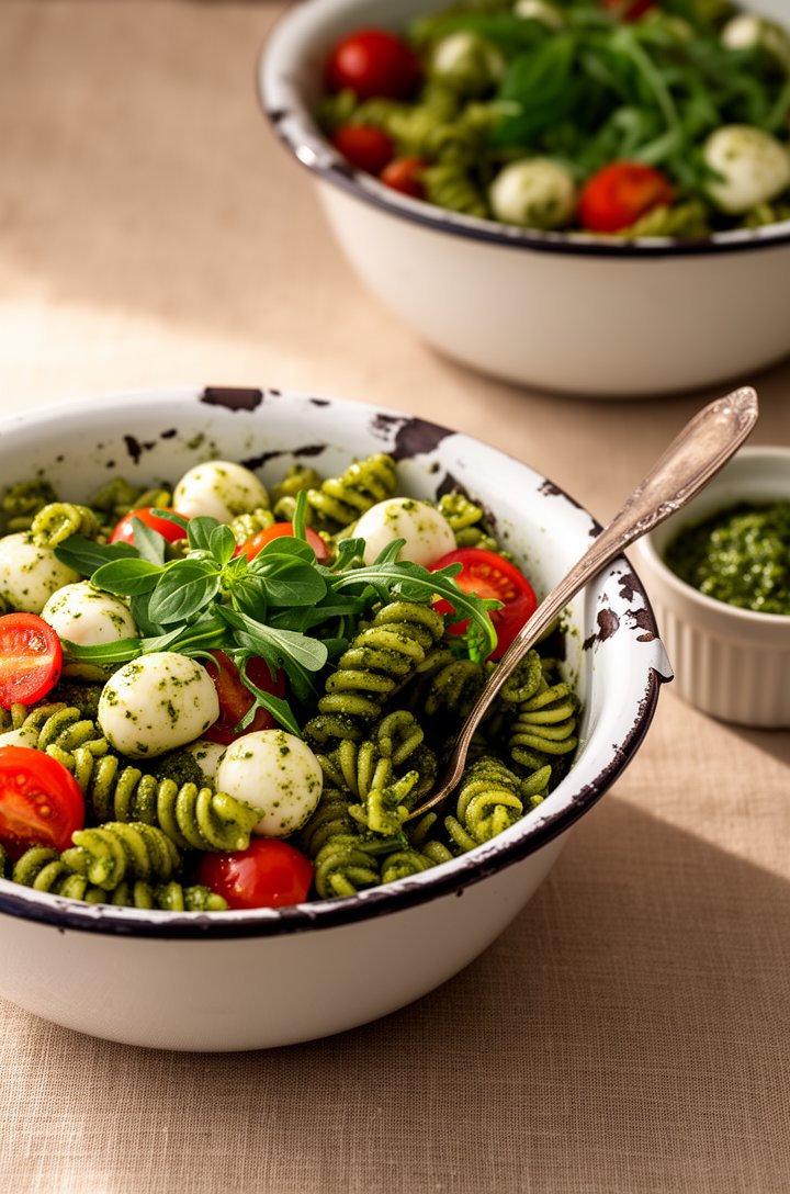 45-degree angle shot of the finished pesto pasta salad served in a white enamelware bowl with dark chipped rim on a beige linen tablecloth. Vibrant green pesto-coated fusilli spirals with glossy halve