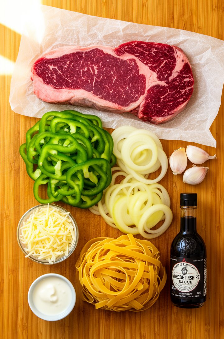 Overhead flat-lay of raw ingredients arranged on a warm wooden cutting board — thin-sliced raw ribeye steak on parchment, a pile of thickly sliced green bell pepper, sliced yellow onion rings, three g