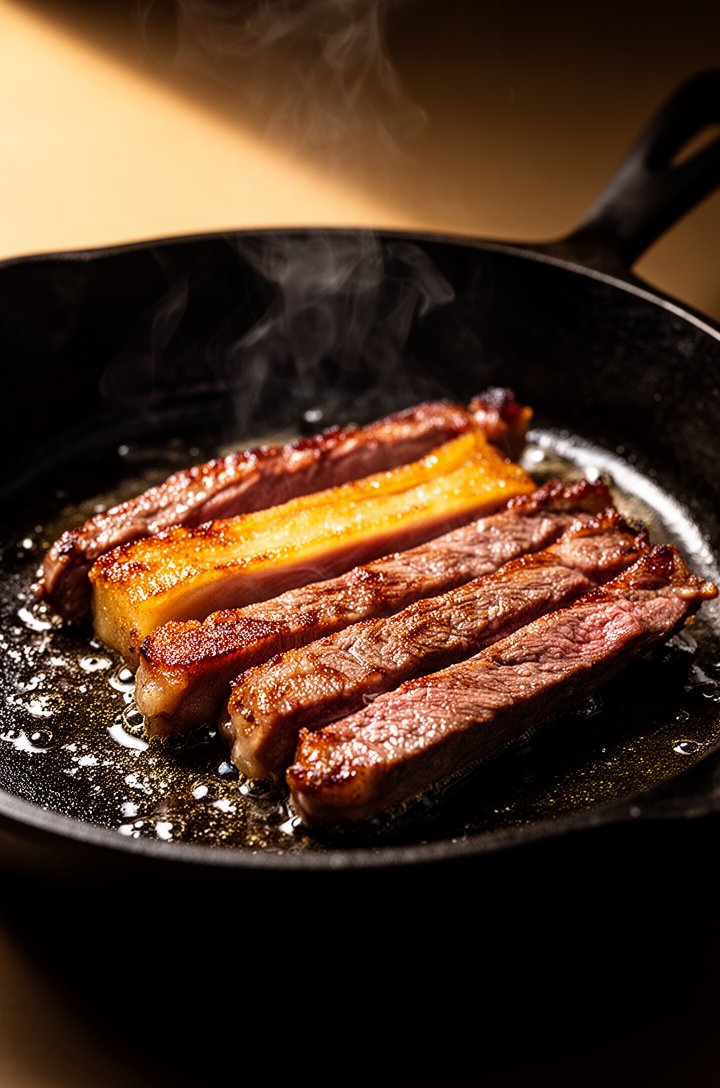 Close-up 45-degree angle shot of thin ribeye steak strips searing in a black cast iron skillet, golden-brown caramelized crust forming on the edges, oil shimmering around the meat, wisps of steam risi
