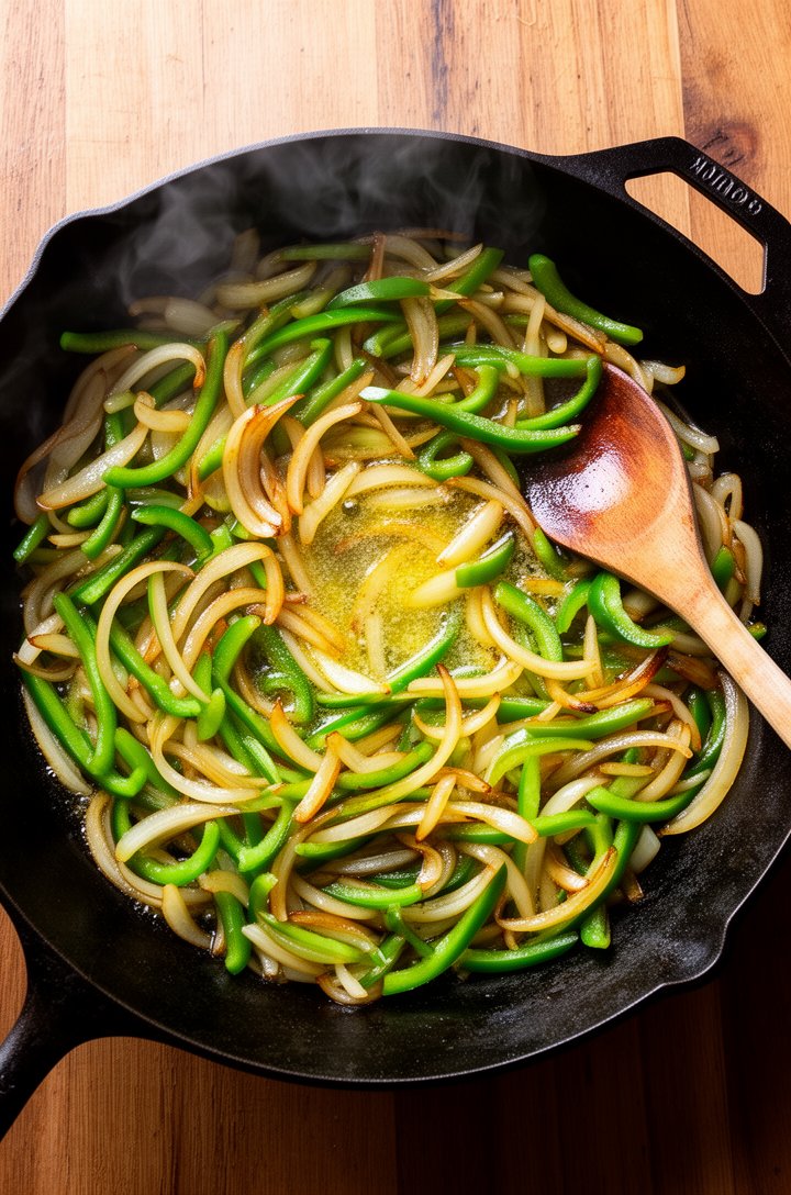 Overhead shot of a large skillet with sliced onions and green bell peppers sautéing in butter, edges starting to caramelize and turn golden, glistening with melted butter. Cast iron skillet on a woode