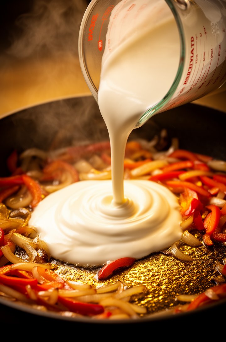 45-degree angle close-up of heavy cream being poured from a glass measuring cup into the skillet with sautéed peppers and onions, the cream swirling and pooling around the vegetables, golden brown fon