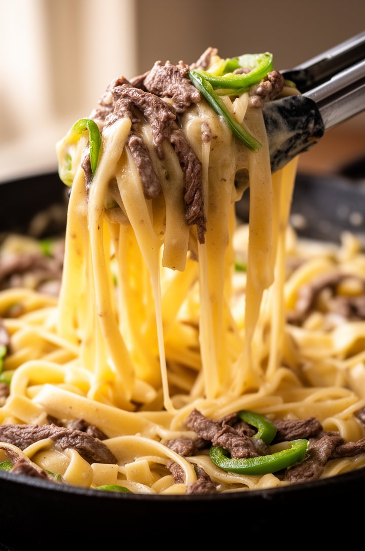 Extreme close-up macro shot of the finished philly cheesesteak pasta being lifted with tongs from a cast iron skillet, wide pappardelle ribbons draped over the tongs coated in glossy provolone cream s