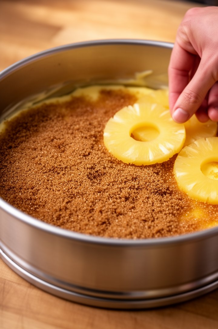Close-up 45-degree angle shot of a 9-inch round cake pan with melted golden butter covering the bottom, dark brown sugar sprinkled evenly over the butter creating a sandy caramel-colored layer. A few 